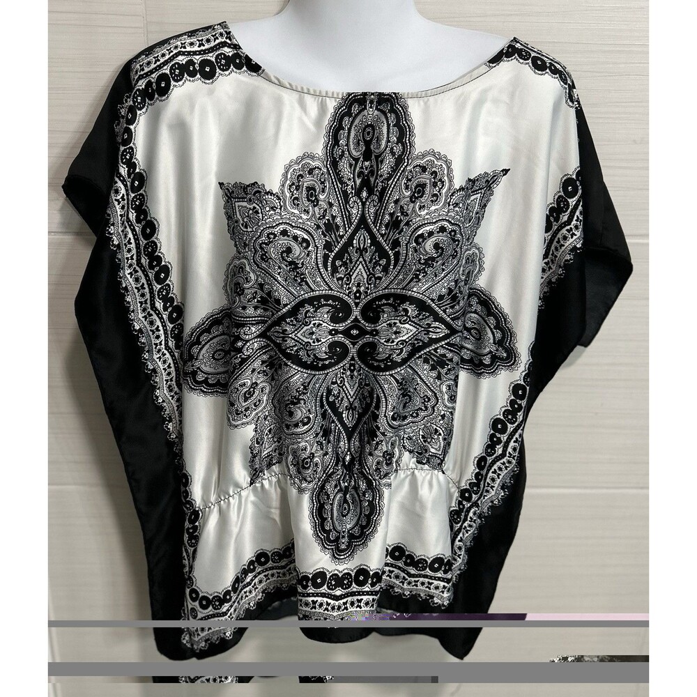 ALYX Black White Paisley Medallion Cinch Waist Satiny Y2k Blouse M, Chic